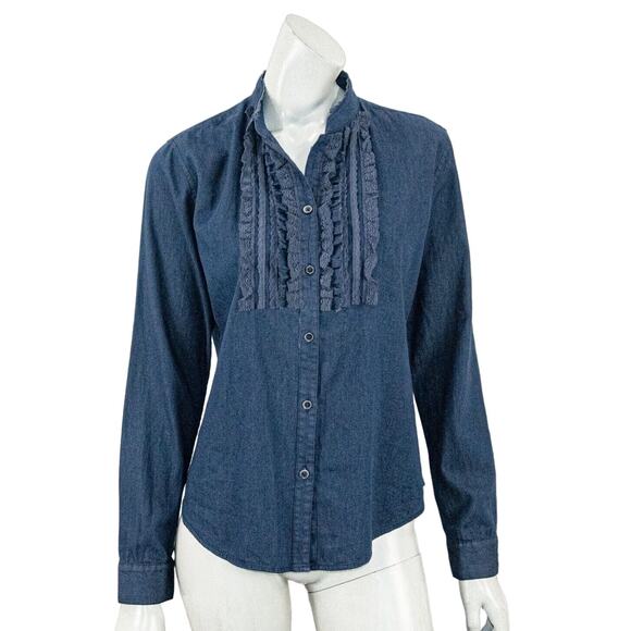 NSF bib Ruffle front Denim Button up Shirt in blue Size Small - Picture 3 of 7